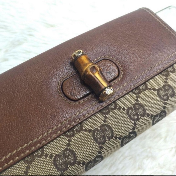 GUCCI Leather Long Continental Wallet, GG Canvas Bambo Interlocking Turnlock EUC - Picture 11 of 15